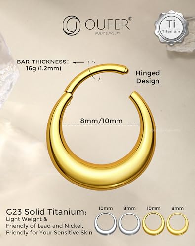 OUFER Titanium Septum Rings, 16G Septum Jewelry, Clicker Septum Nose Piercing Jewelry Hoops, Silver Gold Hinged Segment Daith Piercing Jewelry for Women Men-8mm/10mm4