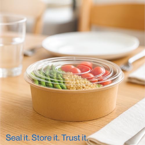 Image of PRASHEEL Living 750ml Disposable Round Kraft Paper Bowl with Lid | Takeout Containers for Hot /Cold Foods, Salad, Dessert, Soup, Noodles | Leak-Proof, Microwaveable Food Storage Containers, 10 Pack