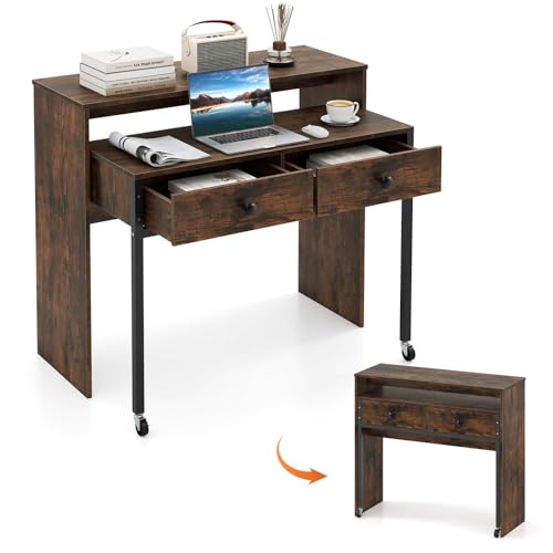Costway Retractable Computer Desk, Space-Saving Writing Desk Console Table with Storage Drawers, Small Vanity Table with Rolling Wheels for Home Office, Living Room, Bedroom (Rustic Brown)