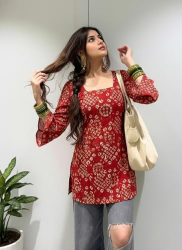 Image of ANNI Designer Women's Viscose Blend Printed Short Kurti | Straight Fit Casual Ethnic Top | Square Neck Full Sleeve Kurta Office College