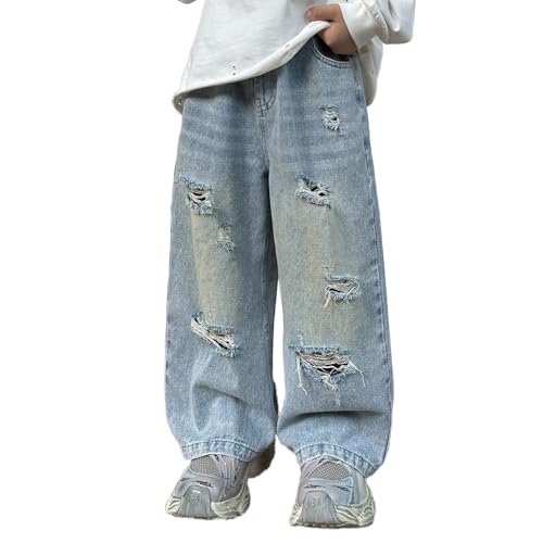 Boys Kids Baggy Wide Leg Hole Jeans Elastic Waist Distressed Ripped Hip Hop Skater Denim Pants 3-11 Years