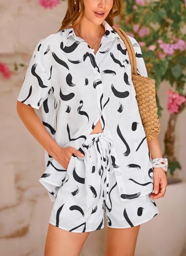 PRETTYGARDEN 2 Piece Sets for Women Summer Clothes 2026 Printed Button Down Shirts Tops Lounge Shorts Beach Vacation Outfits (Black Brush,X-Large) — view 5
