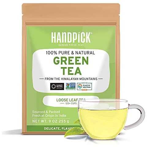 HANDPICK, Green Tea Loose Leaf (255g/9oz) +100 Cups | Non-GMO, 100% Pure Green Tea Leaves Sourced from Himalayas, India | Resealable Ziplock Pouch Cover