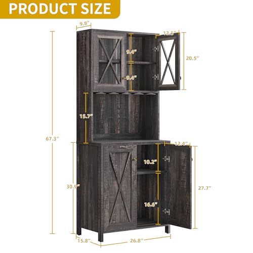DWVO 67" Wine Bar Cabinet with Glass Doors & Wine Rack, Farmhouse Coffee Bar Cabinets with Open Shelves, Freestanding Storage for Living & Dining Room, Dark Rustic Oak