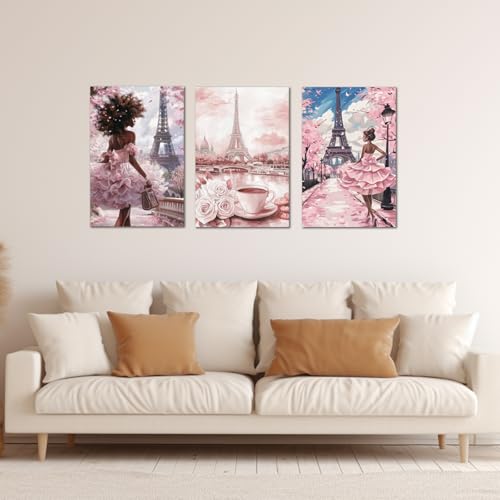 Image of PBXBJY Paris Wall Art Eiffel Tower Pictures 3Pcs African American Paintings Abstract French Landscape Posters Elegant Women Canvas Prints Black Girls Bedroom Decor (Pink, (16 inch x 24 inch x 3PCS))