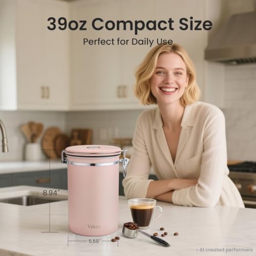 Image of Veken Coffee Canister,39OZ, 2.2lbs,Large Airtight Stainless Steel Container | Date Tracker, Kitchen Food Storage Jars for Beans, Ground, Espresso, Rice,Tea, Sugar, Cereal, Cookie,Gifts, Lids, Scoop, Pink