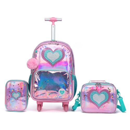 Kit Mochila de Rodinhas Escolar Infantil Feminino Lancheira Térmica Estojo Resistente Holográfica