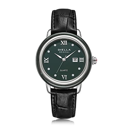 Diella Classic Quartz Watch for Women, Women's Analog Luxury Wrist Watches with Date, Leather Strap, Black Jade and Stainless Steel, Silver (AD5002L)