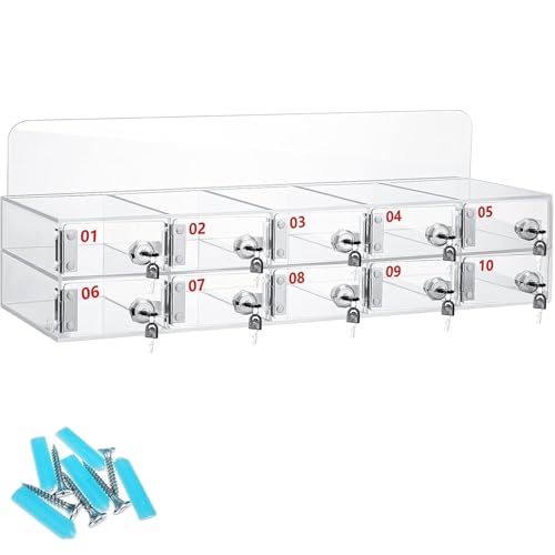 Kensbro Taquilla para Guardar Móviles, 10 Compartimentos Acrílico Caja Almacenamiento Personal, Caja Móviles con Cerradura Llave, Armario de Pared con Ranura Tarjetas, para Aulas y la Fábrica