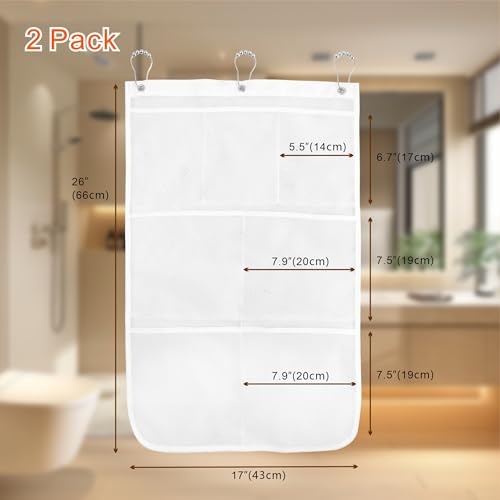 Shower Organizer, Mesh Shower Caddy, 7 Pockets With 3 Hooks, Hanging, Portable, Quick Drying, Can Store Soap, Loofah, Shampoo and Cruise Essentials, 17 Inch by 26 Inch, White, 2 Pack - Image 3