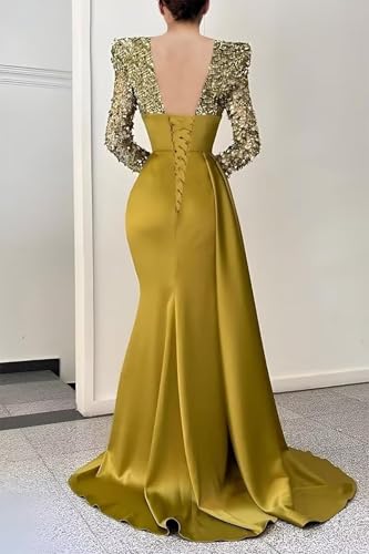 Long Sleeve Prom Dress for Women Sequin Satin V Neck Mermaid Formal Evening Gowns with Slit BOF1562