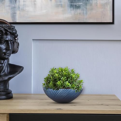 Image of Howard Elliott Collection Striped Blue Oval Hand Blown Glass Bowl for Centerpiece Decor, Hand Crafted Oceanic Crashing Waves Pattern, Table Decor for Home, Wedding and Dining Decorations 5 x 11.5 Inch