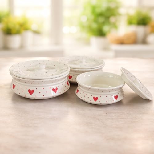 Image of Niyara Red Heart Design Ceramic Casserole with Lid | Multipurpose Serving Bowl | Microwave Safe Serveware (Set of 3, Sizes: 1000ML, 650ML, 550ML)