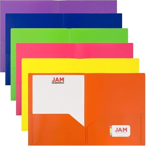 JAM PAPER Plastic 2 Pocket POP Folders - Durable School Folders - Assorted Primary Colors - 6/Pack