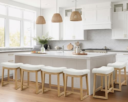 Image of Counter Height Bar Stools Set of 6, 24 Inch Backless Upholstered Counter Stools with Solid Rubberwood Legs, Modern Farmhouse Saddle Stools for Kitchen Island, Home Bar, Ivory Linen Fabric