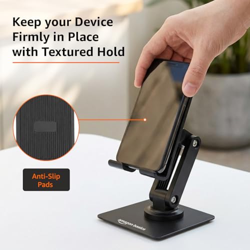 Image of amazon basics 360 Rotating Phone Stand for Desk, Foldable & Adjustable Height Mobile Holder, Anti-Slip Base, Compatible with All Smartphones (Black)