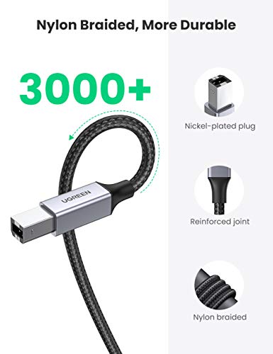 Image of UGREEN USB Printer Cable Braided Printing Cord Type A to B 2.0 Male Scanner Lead High Speed Compatible with Epson, Brother, HP, Lexmark, Dell, Xerox Printers, Piano, DAC 1M