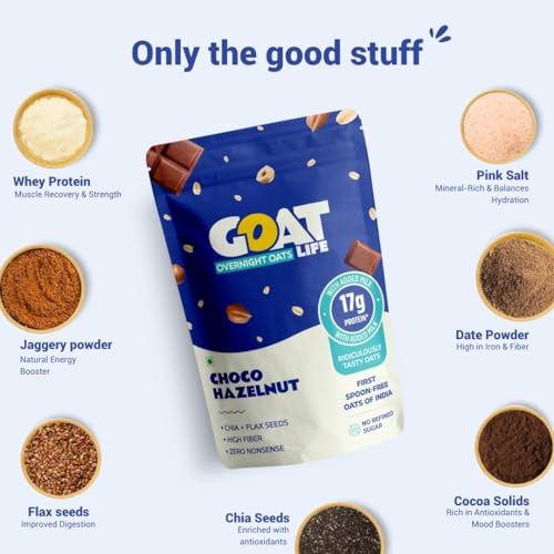 Image of GOAT Life Overnight Oats (60g) | 20g Protein | High Fibre | Nutrient-Rich | No Sugar | Supports Weight Management & Muscle Recovery | Instant Breakfast (Pack of 1, Choco Hazelnut)