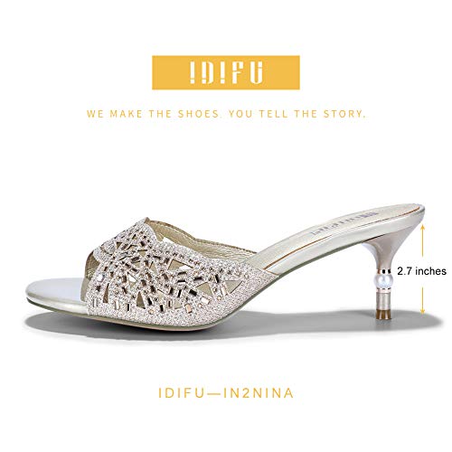 IDIFU Womens Silver Gold Wedding Shoes For Bride Bridesmaid Low Kitten Peep Toe Heels Dress Sandals Glitter Formal Slide Mules With Heel2