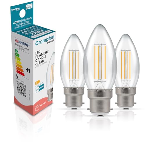 Crompton Lamps Filament Candle LED Light Bulb BC-B22d | 4.2W = 40W Equivalent | Cool White 4000K | Energy Efficient | Bayonet Lightbulb | Long Life 15000-Hrs | Clear Glass | Dimmable | 3-Pack