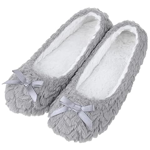 MIXIN Womens Ladies House Slippers Ballet Flats Plush Soft Anti Skid Indoor House Shoes Grey Size 4 Cover