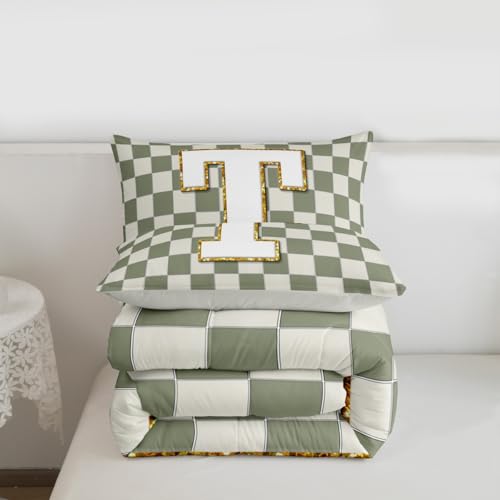 Image of Erosebridal Sage Green Checkered Bedding Set Full Plaid Initial T Comforter Set for Kids Adults Personalized Monogram Down Comforter,Fashion Grids Gingham Quilt Duvet