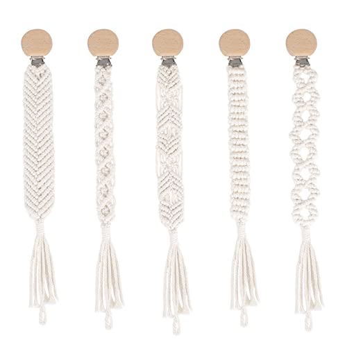 Aels 11.8" Macrame Baby Pacifier Clip, Set Of 5, Natural Pacifier Holder Teething Clips For Boys Girls Infant Baby, Boho Style Handmade Cotton Rope #TOP12