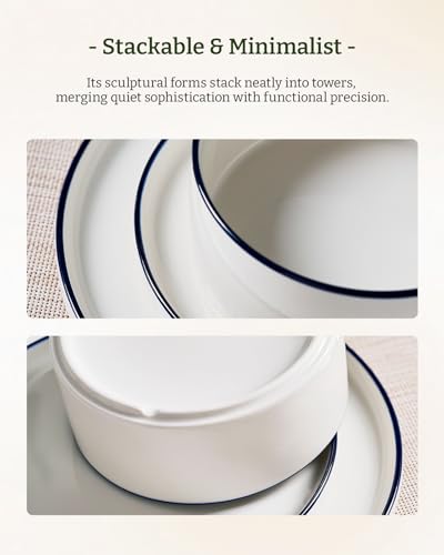 Image of Famiware Porcelain Dinnerware Set, 24-Piece Modern Plate and Bowl Set, dish set for 8, Microwave and Dishwasher Safe Tableware, White with Blue Trim