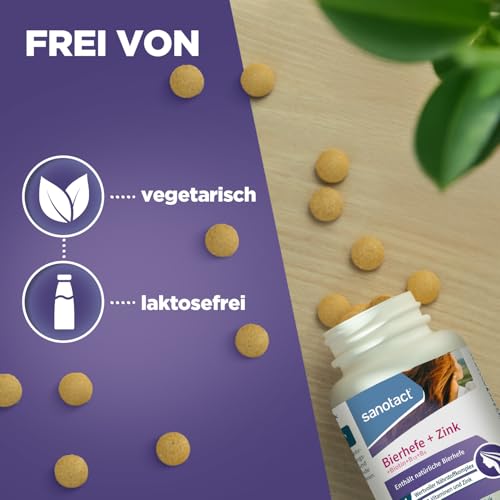 Sanotact Bierhefe + Zink Tabletten – 180 Stück | Für Haut, Haare & Nägel | Vitamin-Komplex mit Bierhefe, Zink, Biotin, Vitamin B12, B6 & Vitamin C | 100% Vegan