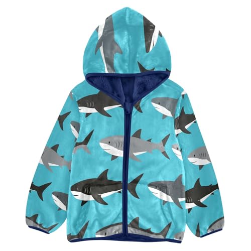 Cute Shark Pattern on Blue Toddler Fleece Jacket Girl Boys Hooded Fleece Jacket Coat Warm Outwear Zip-up 3-10T