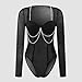 CNPOLOOK Women's Long Sleeve Bodysuits Mesh Chain Lace Designs Sexy Corset Rave Outfits for Night Mesh Sheer Sweetheart Neck (Black,S,Small)