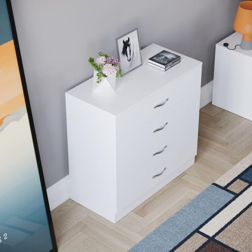 Image of White 4 Drawer Dresser with Metal Handles and Slides, Unique Anti-Warp System, Riano Bedroom Furniture