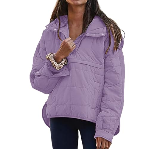Women's Quilted Lightweight Jackets Quarter Button Pullover Hoodie Puffer Jacket Winter Warm Padded Coat with Pocket3