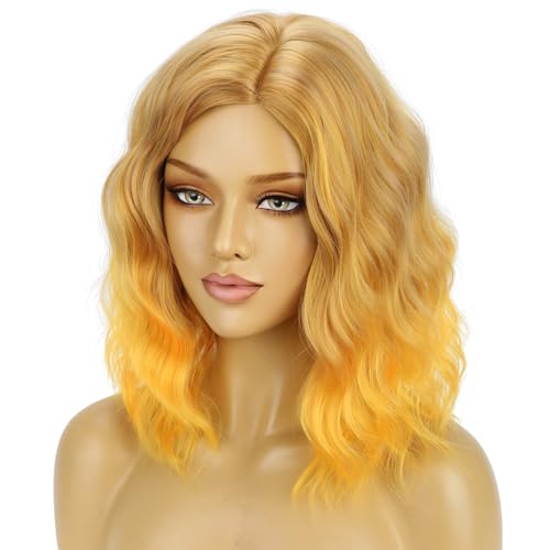 Image of BERON Yellow Ombre Short Wigs for Women Girls Yellow Curly Wavy Shoulder Length Wig Heat Resistant Synthetic Wig for Cosplay Costume Party Daily