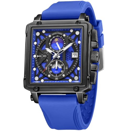 Image of ZUNPAI Moon Phase Watch for Men Multifunction Chronograph Dial Analog Quartz Square Wristwatch Business Dress Watch with Luminous Waterproof Calendar Silicone Strap