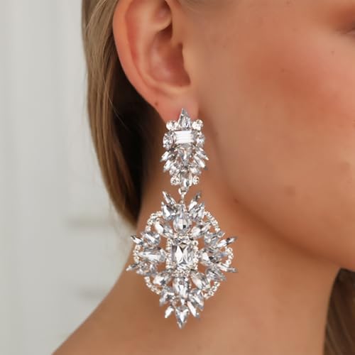 Silver Clip On Earrings Dangling For Women Large Rhinestone Statement Chandelier Earrings Non Pierced For Women Prom Earring Trendy Jewelry Accessories2