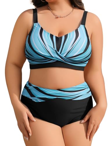 heekpek Bañadores Mujer Tallas Grandes Dos Piezas Push Up Cuello V Bikini Mujer Talla Grande Estampado Talle Alto Bañador Reductor Mujer Vientre Plano, Azul-Negro, 3XL