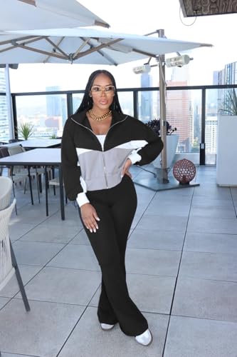 HBQ Women's Color Block 2 Piece Tracksuit Sets Long Sleeve Zip Up Crop Jacket and Flare Pants Casual Y2K Outfit-Black-L2