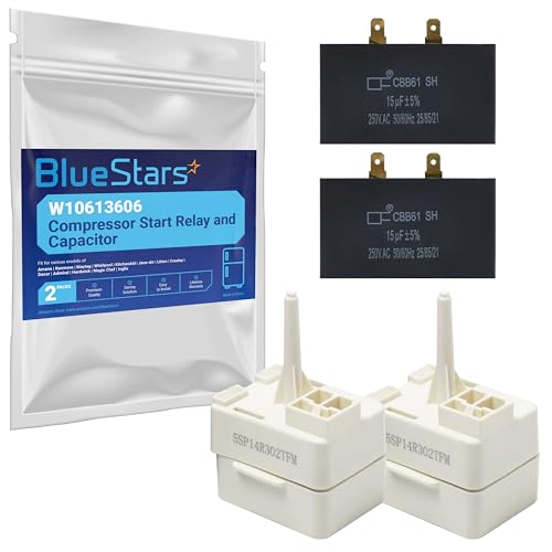 BlueStars 2 Packs W10613606 Refrigerator Compressor Start Relay and Capacitor - Compatible with Whirlpool KitchenAid Kenmore Refrigerators - Replaces W10416065 PS8746522 67003186