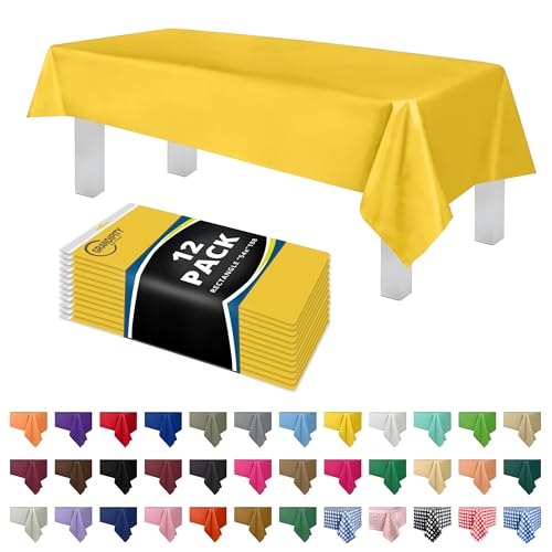 Image of Grandipity Plastic Table Cloth Disposable 12 Pack 54 inch x 108 inch Rectangle | Yellow Plastic table covers, durable disposable tablecloths, fade and tear-resistent table cover for party, event