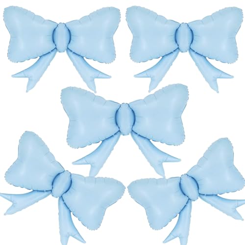 Image of 5pcs Blue Bow Balloon, Large Retro Blue Bows Balloons, Boho Giant Bow Foil Balloon For Birthday Baby Shower Girls Women Party Wedding Bridal Shower Bachelorette Engagement Graduation Decorations