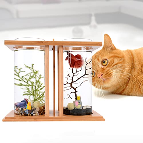 Creative Bamboo Wood Ecological Fish Tank Dual Glass Desktop Mini DIY Goldfish Betta Fish Tank Micro Landscape Tank Aquarium Small Fish Tank