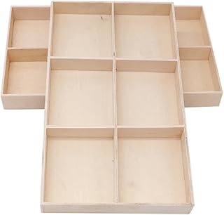 CALFOVERA 2PCS 6.69×3.94×0.67 Inch 6 Grids Wooden Sorting Tray Antique White Unfinished Trinket Display Tea Organizer Stackable Jewelry Tray Divided Storage Chest Drawer for Earrings Necklaces Rings