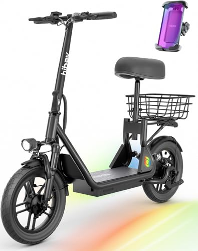 Hiboy Q2 Electric Scooter with Seat for Adults, 500W Peak Motor, 20MPH, 22 Miles Range, Foldable, Dual Suspension, Front & Rear Drum Brakes, Commuter E Scooter with Basket & Phone Holder, Pure Black