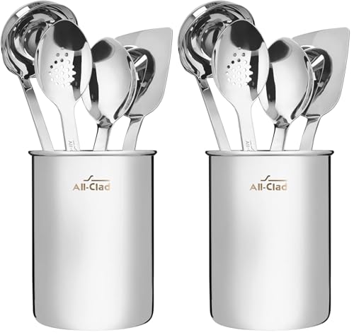 Image of All-Clad 5-Piece Stainless Steel Kitchen Utensil Set - Includes Ladle, Solid Spoon, Slotted Spoon, Turner & Storage Caddy - Heavy-Gauge, Ergonomic, Dishwasher Safe, Silver (Pack of 2)