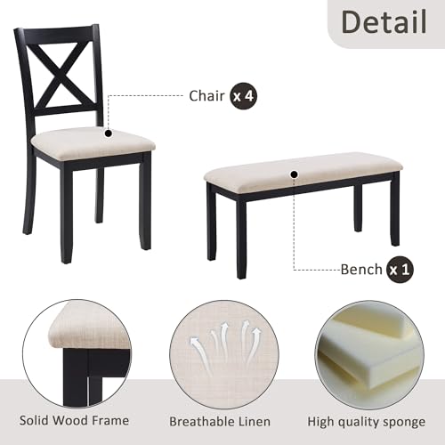 Image of Harper & Bright Designs Dining Table Set for 6 with Bench, 6-Piece Farmhouse Kitchen Set in Black & Oak Two-Tone, Solid Wood Frame Table & 4 Chairs for Dining Room