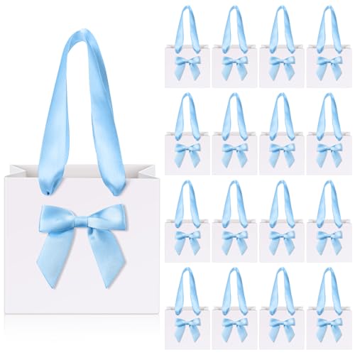 Kolldenn 50 Pcs Mini Gift Bags with Blue Bow Ribbon 4''x2.7''x4.5'' Small White Paper Thank You Goodie Gift Bags Bulk with Handle for Baby Shower Wedding Graduation Party Favor Birthday Return Guests