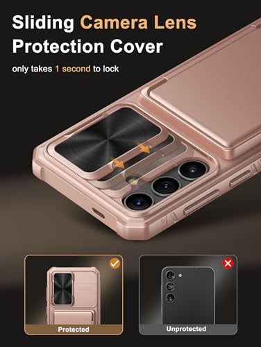 Image of Vihibii Silicone For Samsung Galaxy S24 Plus Back Cover With Slide Camera Cover & Card Holder (4 Cards) & Kickstand, Hard Case For Galaxy S24 Plus, Rose Gold