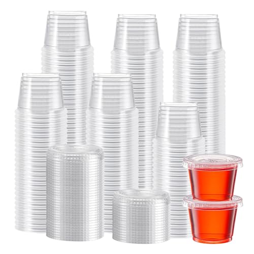 Lamosi 500 Set 1 oz Jello Shot Cups with Lids Small Plastic Food Portion Condiment Cups with Lids Food Safe Disposable Souffl Storage Containers for Salad Dressing Sauce Dipping Snacks