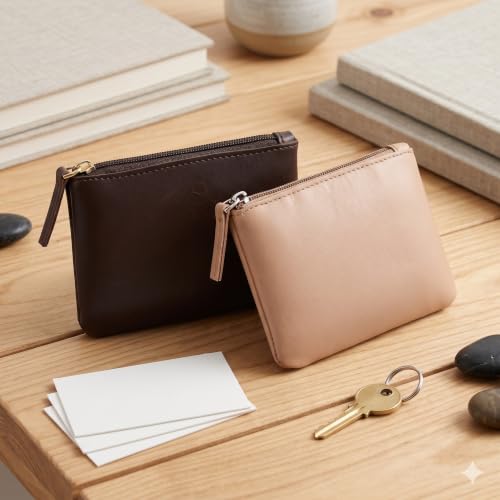 Image of Small Vegan Leather Coin Purse Pouch, Minimalist Zipper Wallet Set in Black and Beige, Compact Money Organizer, Makeup Pouch (Brown-Cream)